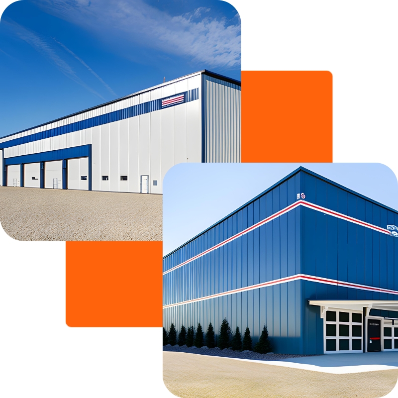 A blue and orange building and a Metal Buildings.