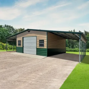 A 46X25X10/7 Vertical Roof Metal Garage with a green roof, featuring a 12' Wide Lean-To.