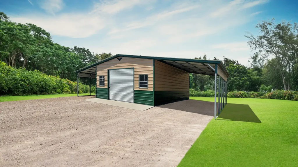 A 46X25X10/7 Vertical Roof Metal Garage with a green roof, featuring a 12' Wide Lean-To.