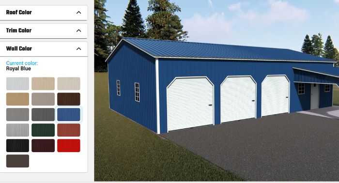 A screenshot of a metal building software for designing and buying at a bargain price.