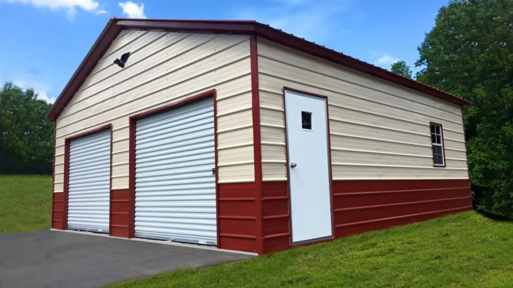A steel garage featuring two doors and a roof, ideal for those seeking bargain metal buildings.
