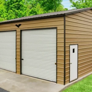 A 24X25X12 Vertical Roof Metal Garage with two doors that is tan in color.