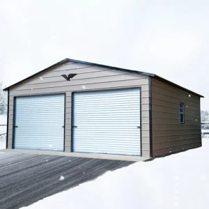 A snow-covered 24X25X9 Boxed Eave Roof Metal Garage.