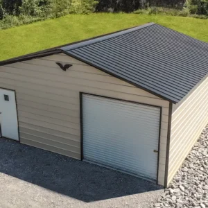 An aerial view of a "24X25X9 Vertical Roof Metal Garage" with a garage door.