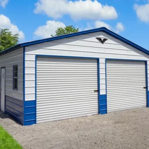A 24X25X9 Vertical Roof Metal Garage with a blue roof and white siding.