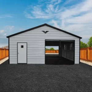 A black and white 24X25X9 Vertical Roof Metal Garage with a metal roof.