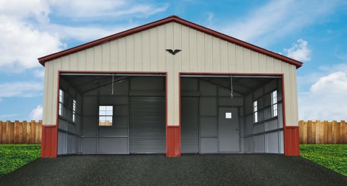 A Metal garage with two doors and a roof, available at Bargain Metal Buildings.
