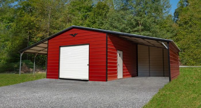 A red metal garage with a garage door is the perfect addition to any property. Whether you need extra storage space for your vehicles, tools, or equipment, this durable structure provides ample room to