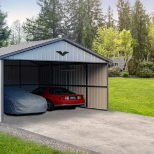 A 20X20X9 Vertical Roof Metal Carport (Partial Enclosure) is parked in a Vertical Roof Metal Carport.