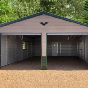 A 24X30X9 Vertical Roof Metal Garage in a grassy area.