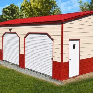 A 24X35X10 Regular Roof Triple Bay Side Entry Garage with two doors.
