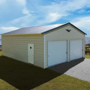 A 24X35X10 Vertical Roof Metal Garage featuring two doors and a roof.