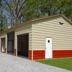 A 24X35X11 Vertical Roof Metal Garage with a red door.