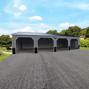 An image of a 26X45X9 Vertical Roof Metal Garage with two doors and a vertical roof.