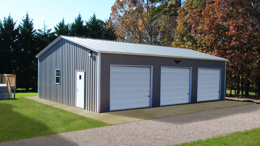 A 28X40X10 Vertical Roof Metal Garage measuring 28x40x10, featuring two garage doors.
