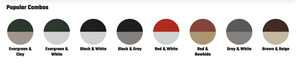 Graphic showing popular exterior metal building color schemes with labeled circles: evergreen & clay, evergreen & white, black & white, black & gray, red & white, red & rawhide, gray
