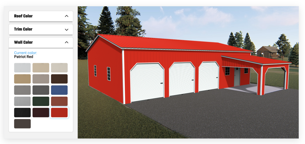 3D rendering of a large red and white metal shed with white garage doors, under a clear sky, alongside an interface for customizing exterior metal building color schemes.